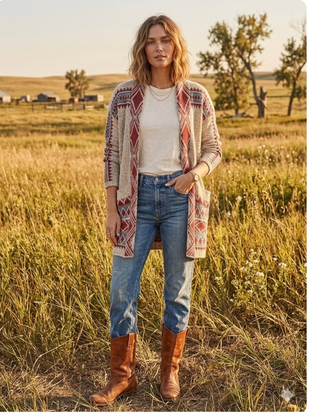 Lucky Brand Open Front Aztec Western Cardigan Sweater Oatmeal Red Medium